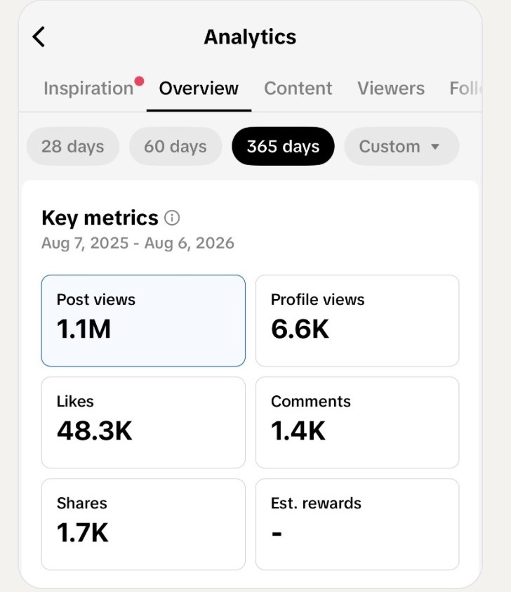 Analytics showing 1.1 million post views over 365 days