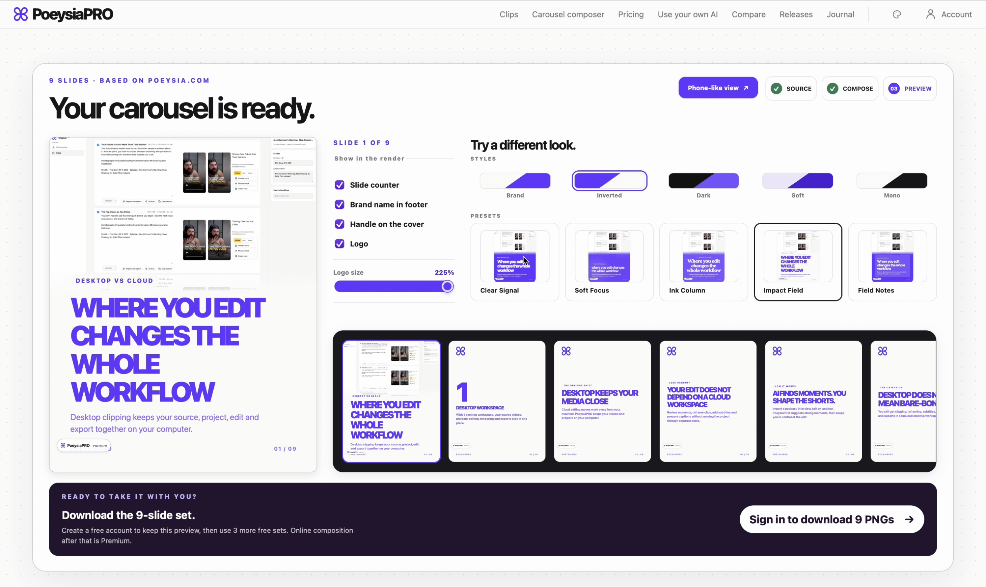 PoeysiaPRO Carousel Composer preview screen showing a ready nine-slide carousel, style controls and export options.