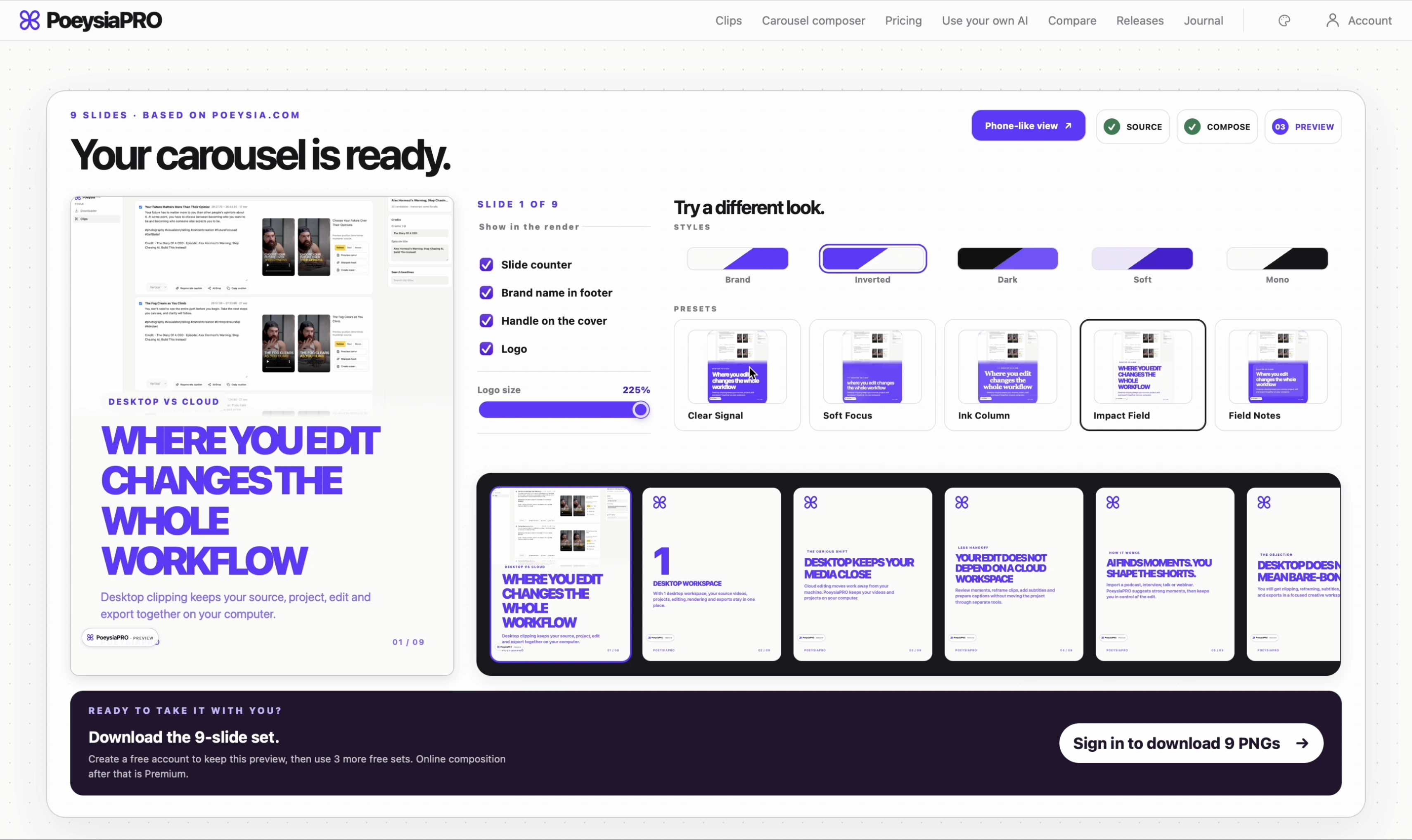 PoeysiaPRO Carousel Composer preview screen showing a ready nine-slide carousel, style controls and export options.