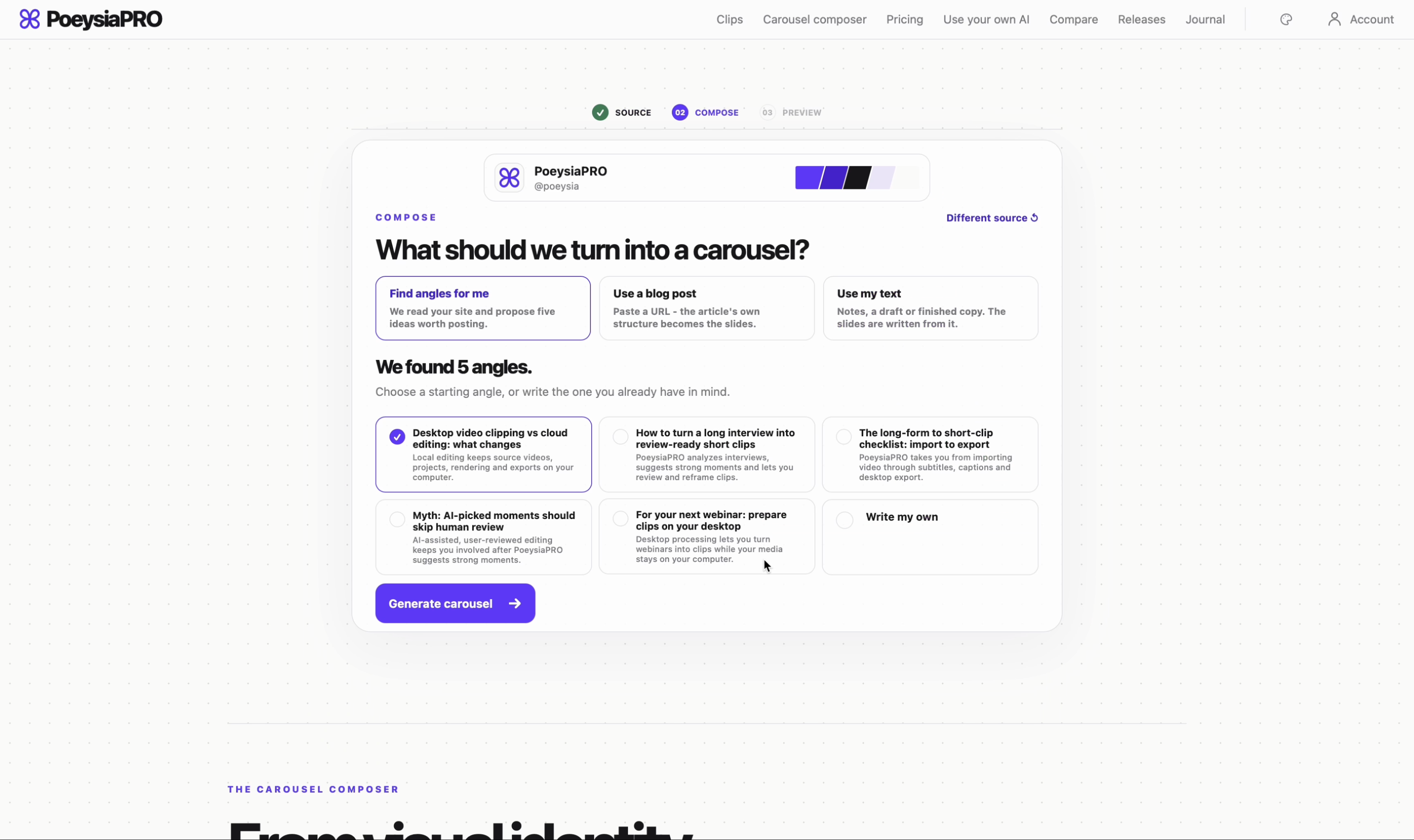 PoeysiaPRO Carousel Composer compose screen with options to find angles, use a blog post or use custom text.