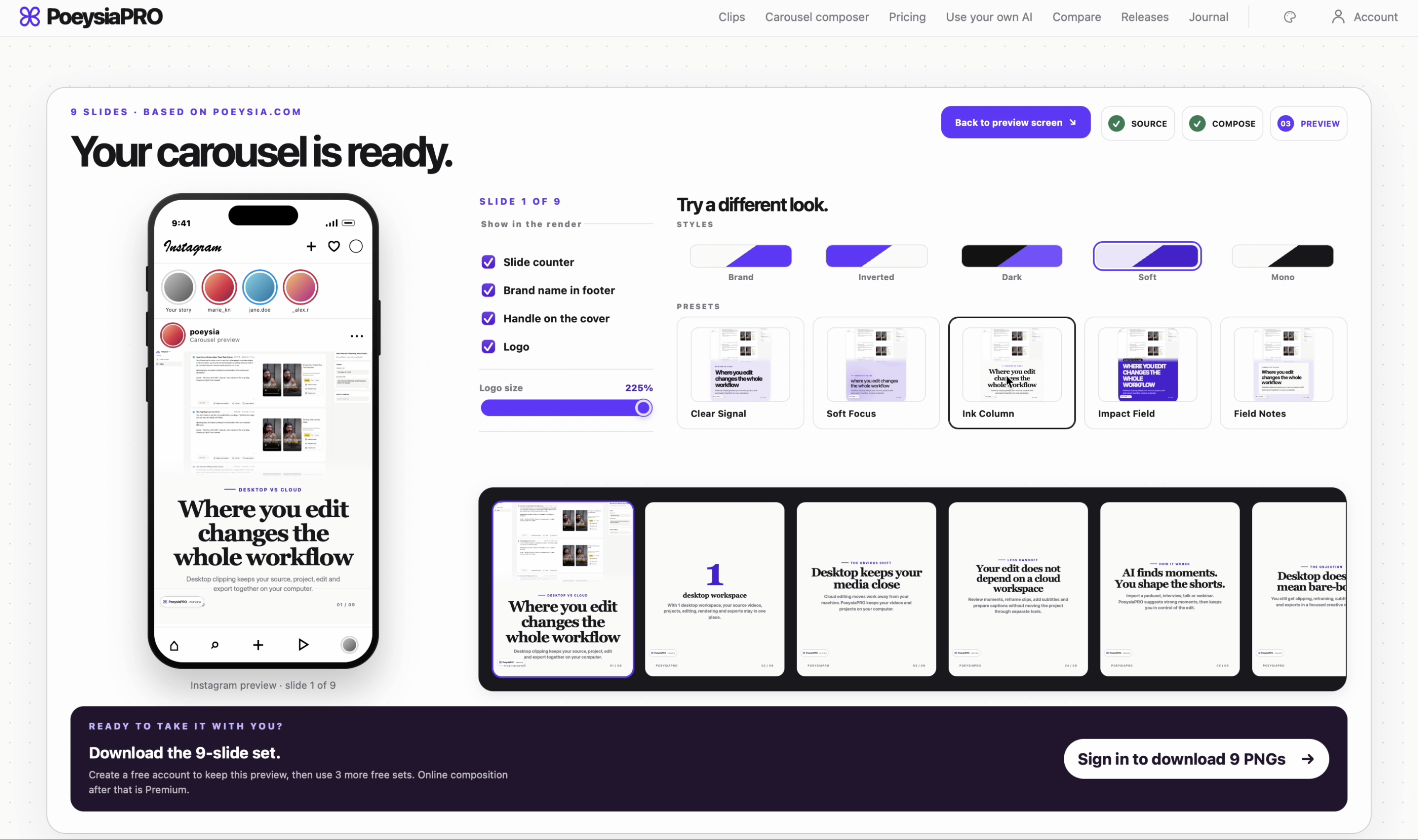 PoeysiaPRO Carousel Composer preview screen with a phone-like Instagram carousel preview.