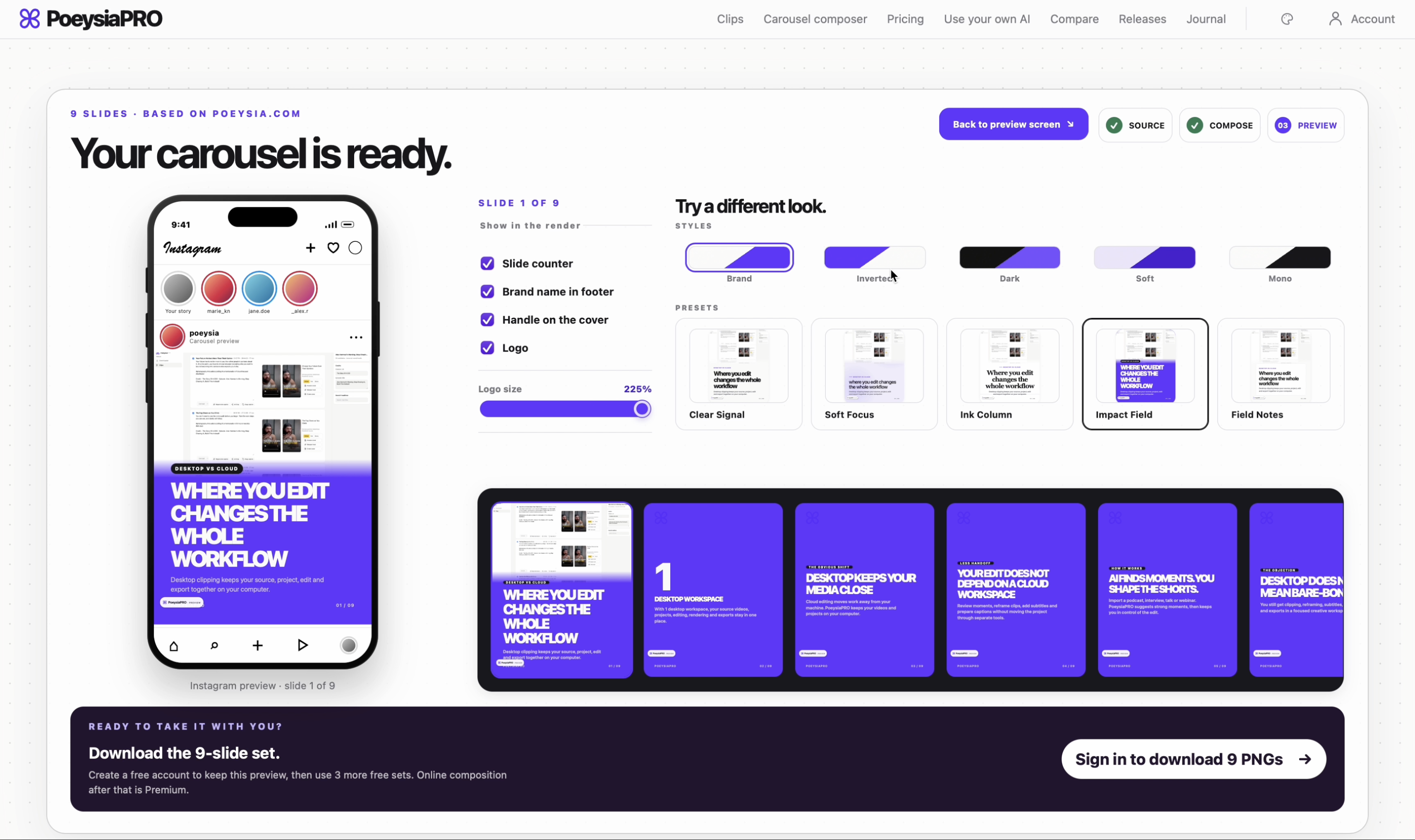 PoeysiaPRO Carousel Composer preview screen with brand, inverted, dark, soft and mono style choices.