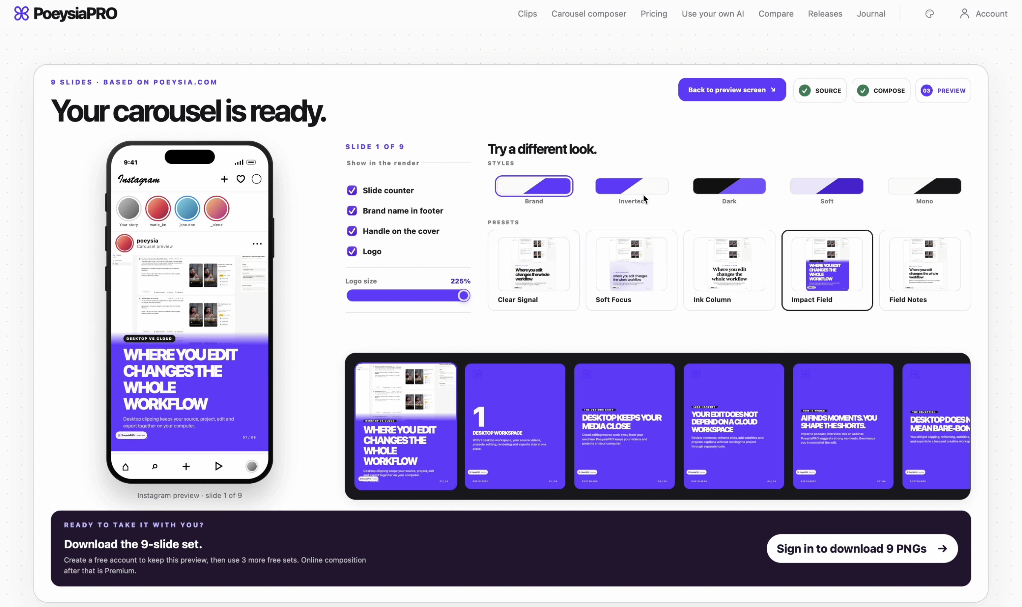 PoeysiaPRO Carousel Composer preview screen with brand, inverted, dark, soft and mono style choices.