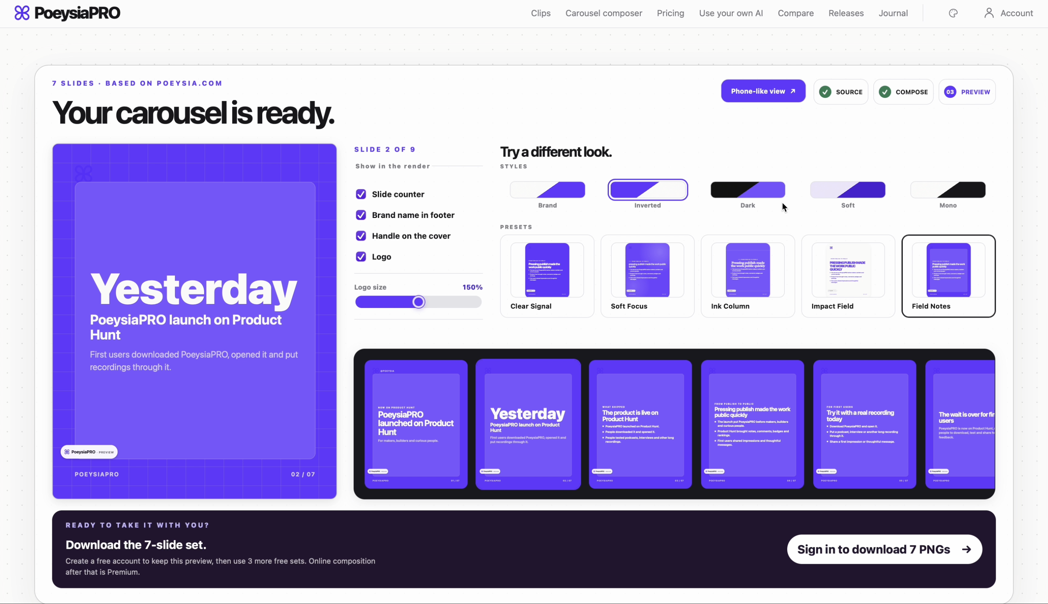 PoeysiaPRO Carousel Composer preview showing a seven-slide Product Hunt launch carousel.