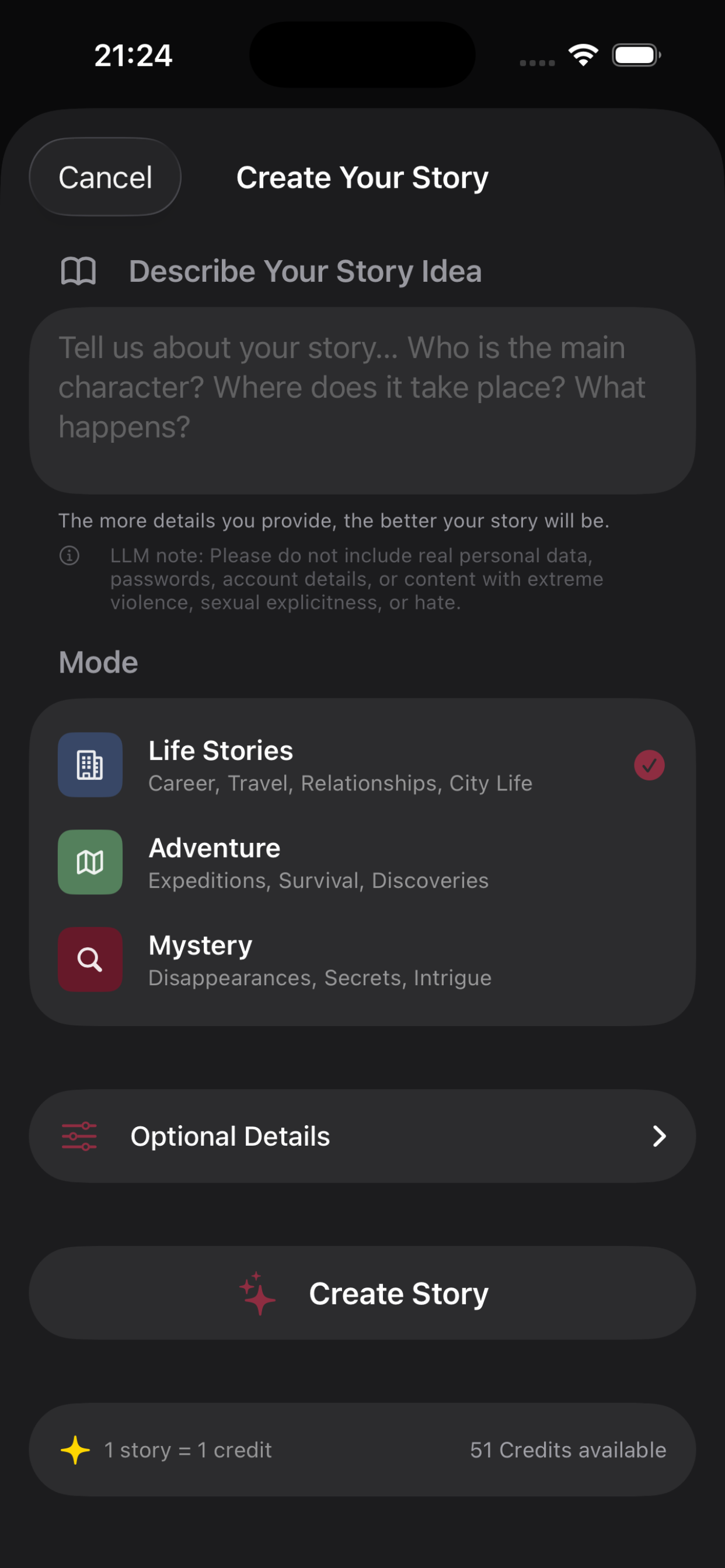 Poeysia Storytelling create screen