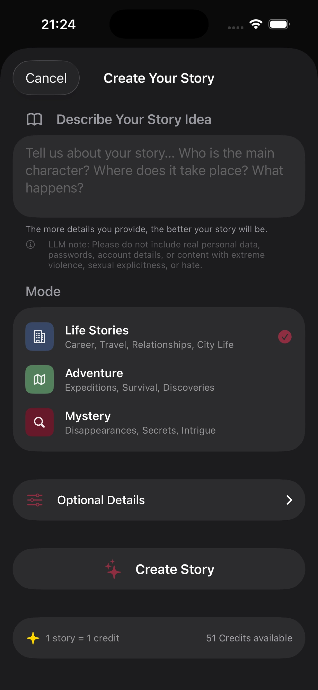 Poeysia Storytelling create screen
