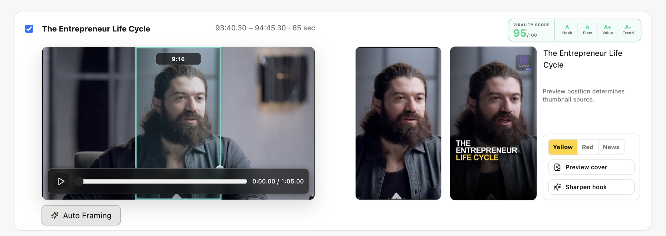 PoeysiaPRO clip review with Auto Framing controls and a Virality Score visible before export.