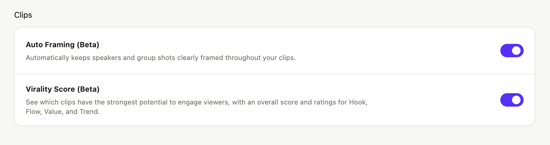 PoeysiaPRO settings with enabled Auto Framing Beta and Virality Score Beta toggles.