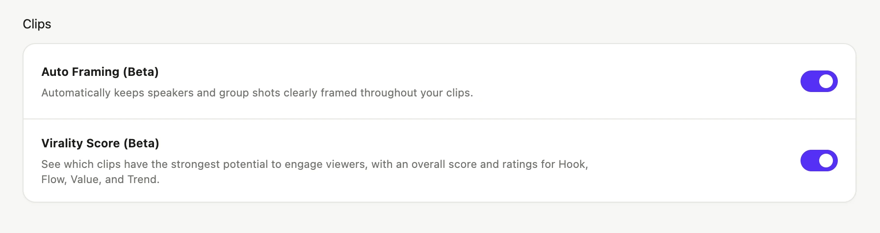 PoeysiaPRO settings with enabled Auto Framing Beta and Virality Score Beta toggles.
