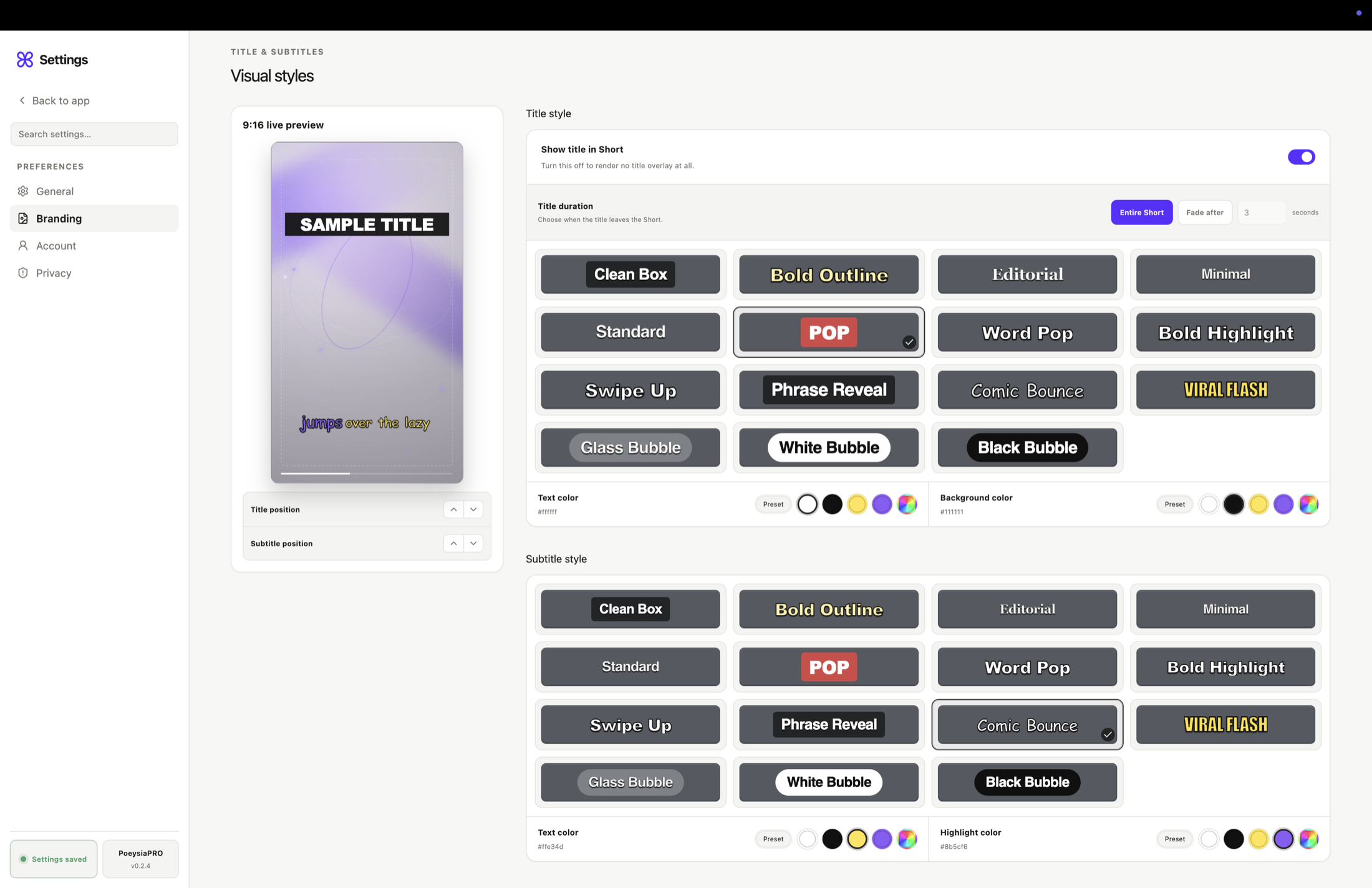 PoeysiaPRO Branding settings with a 9:16 live preview and matching visual-style libraries for titles and subtitles.