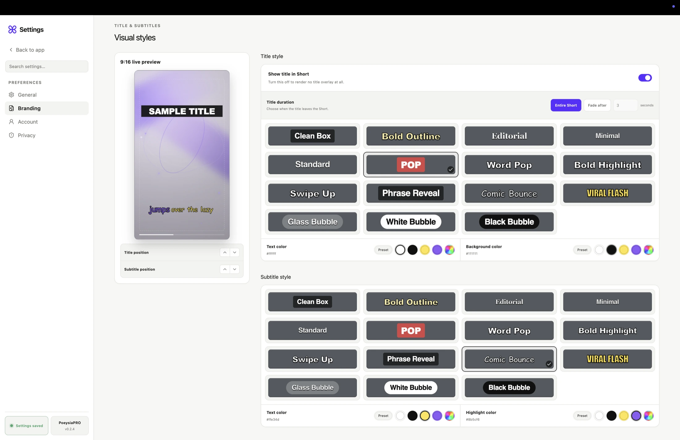 PoeysiaPRO Branding settings with a 9:16 live preview and matching visual-style libraries for titles and subtitles.