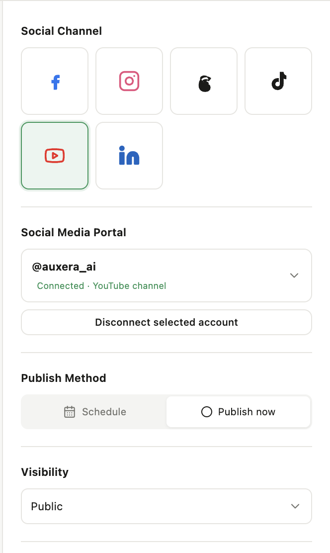 Close-up of the Social Export channel picker with YouTube connected and publish-now and visibility controls.