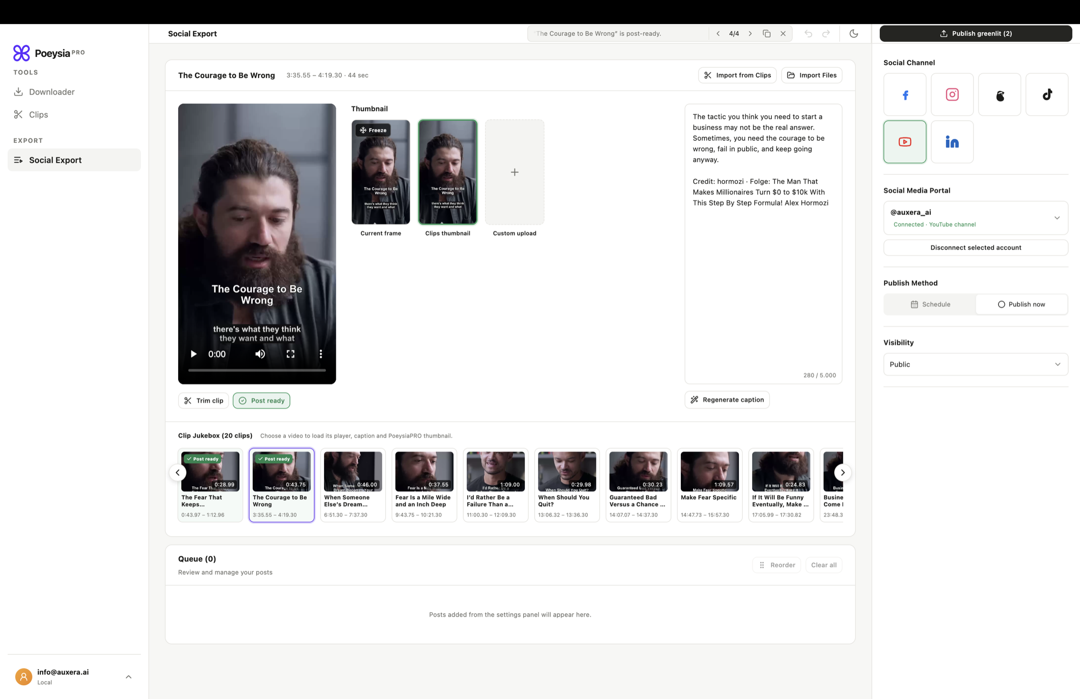 PoeysiaPRO Social Export development build with a vertical clip, thumbnail options, caption editor, clip queue and YouTube publishing settings.
