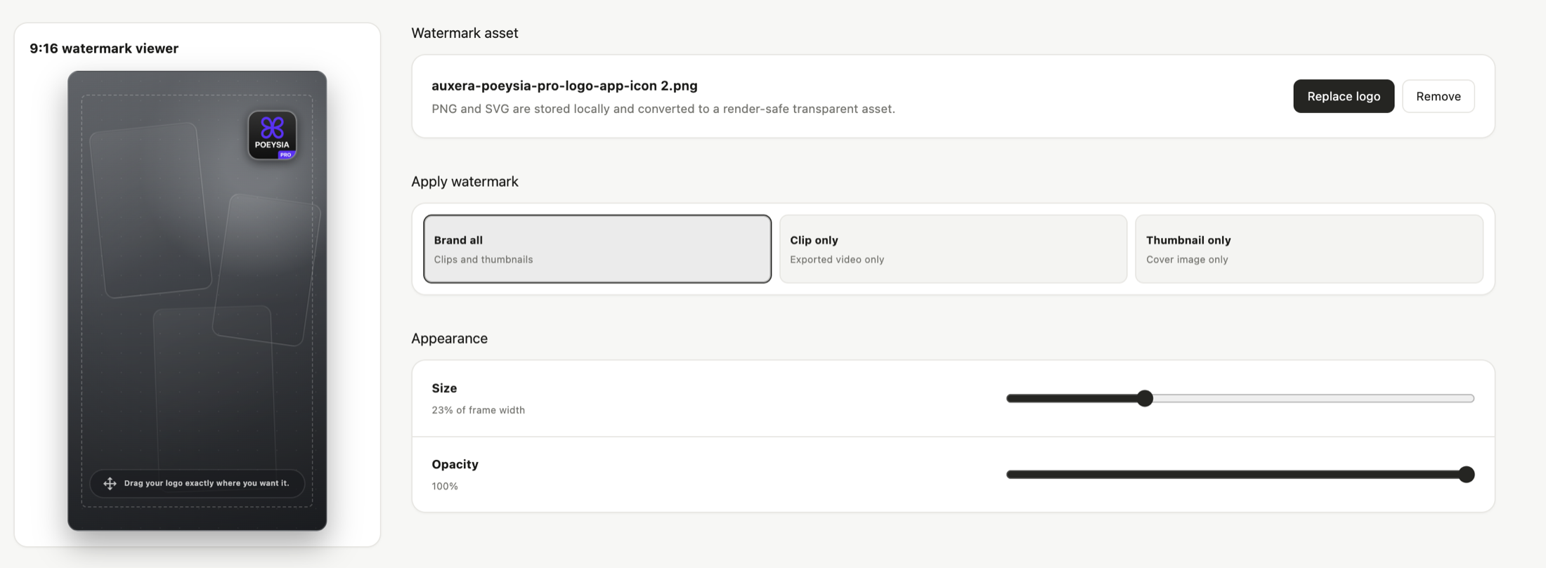 PoeysiaPRO watermark settings with a draggable logo preview, clip and thumbnail modes, size and opacity controls.