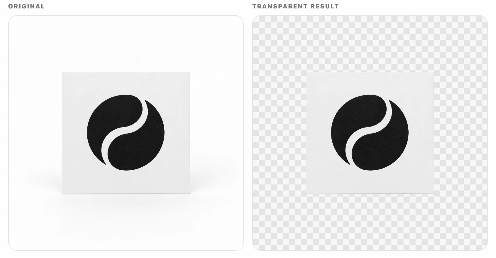 Before and transparent result for an abstract black logo mark on a white card