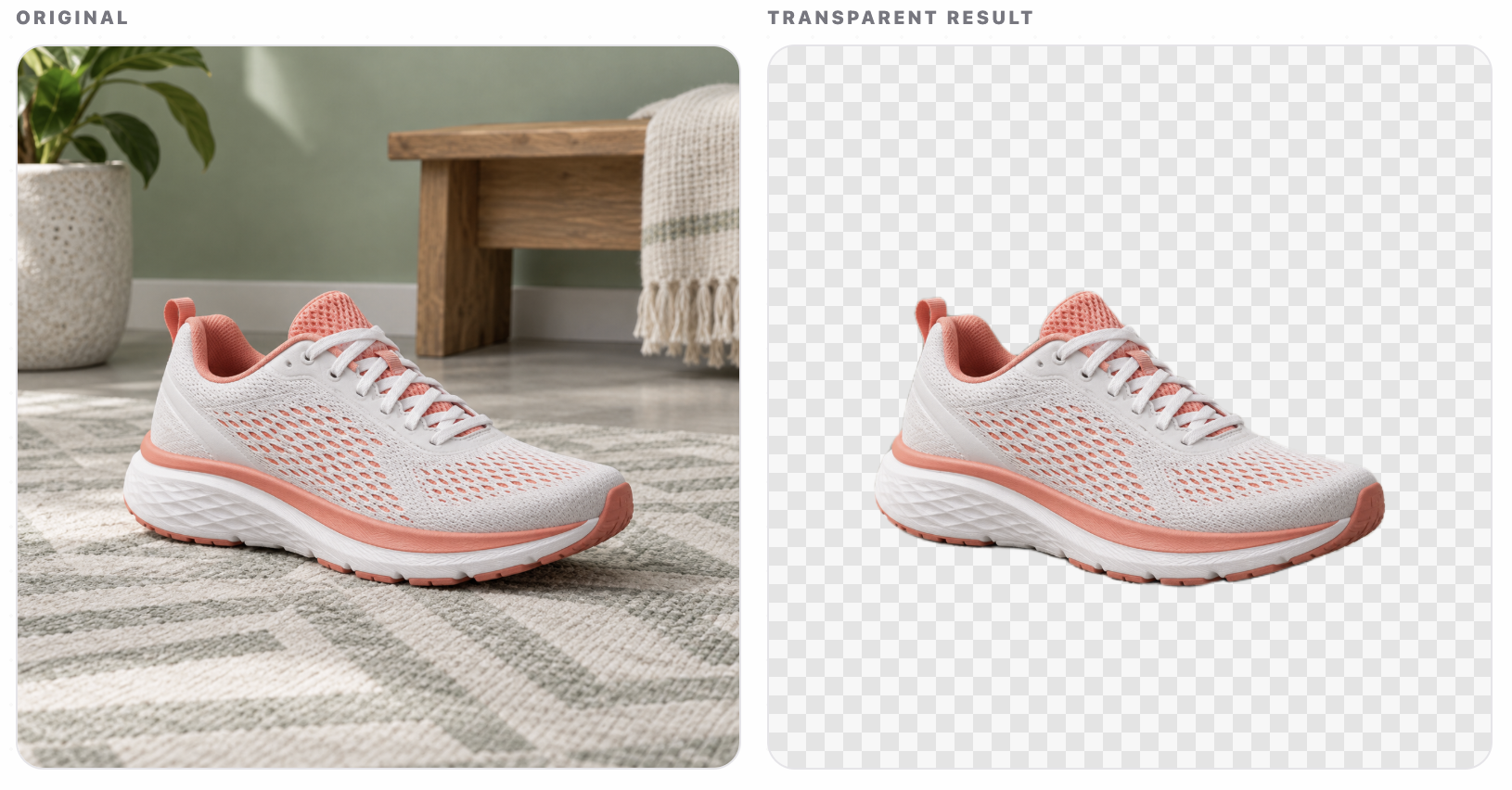 Before and transparent result for a running shoe source image