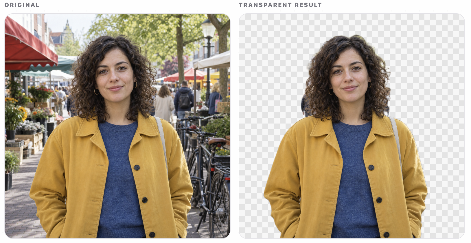 Before and transparent result for a curly-haired portrait source image